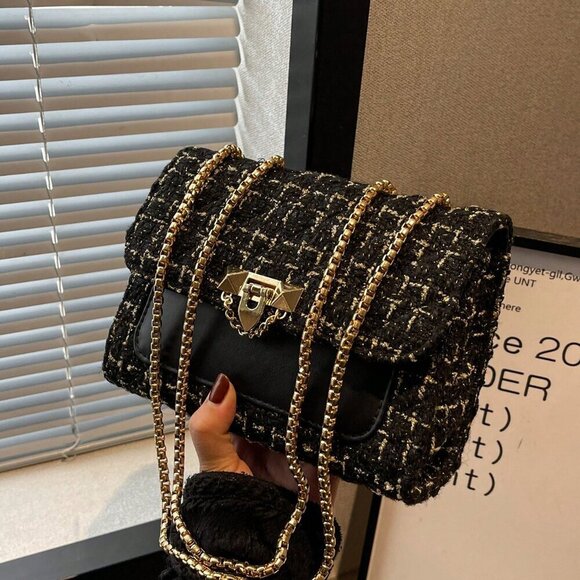 Black Elegant Women's Plaid Thick Small Square Bag Shoulder Bag - Picture 8 of 8